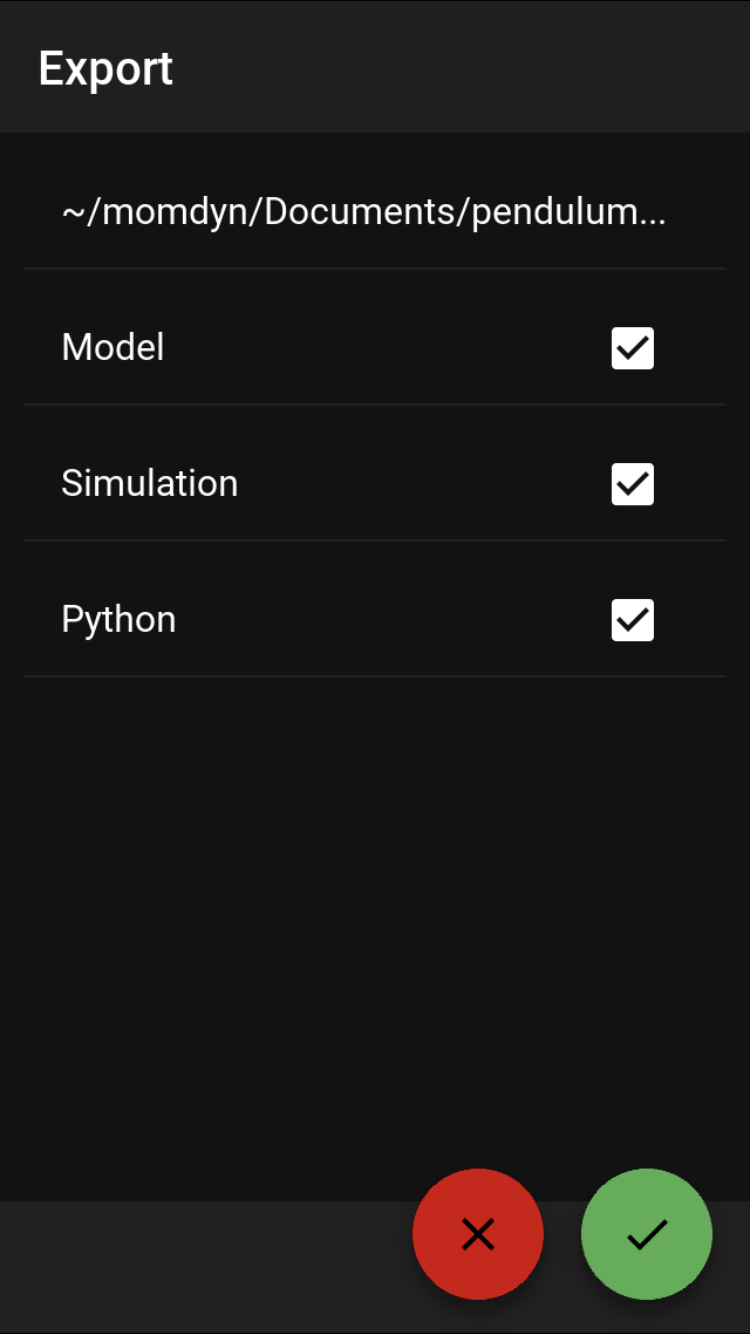Select to export model, simulation, and python